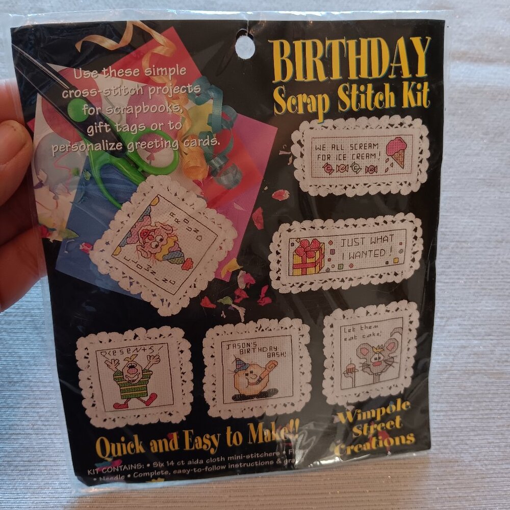 Cross Stitch Birthday Kit Scrapbook Gift tags Cards Makes 6 whimsical cute silly